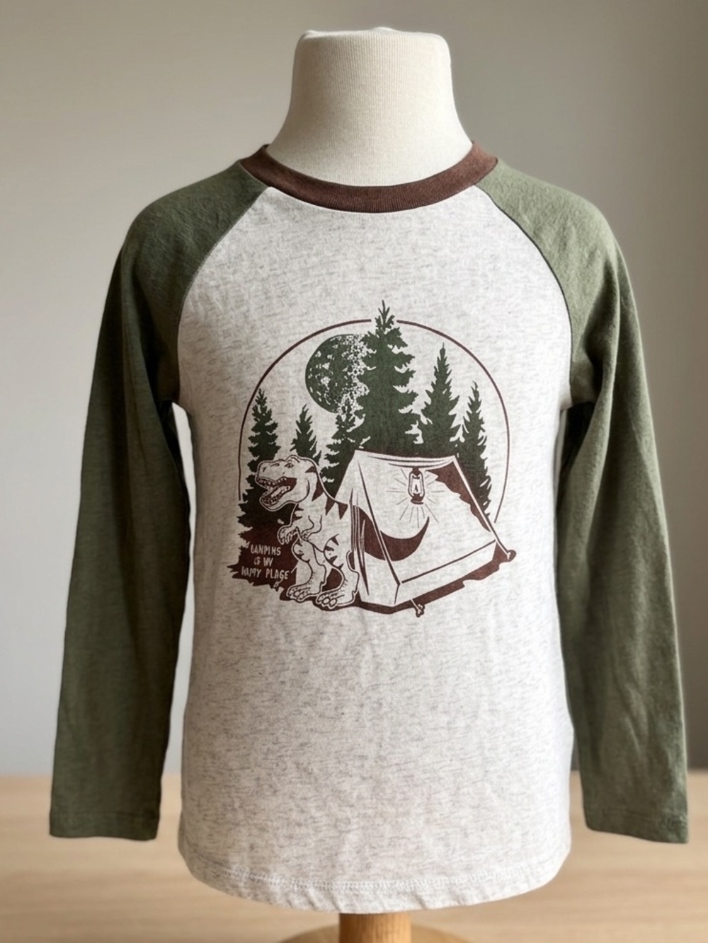 NWT Epic Threads Green Raglan Long Sleeve Tee with Brown Camping Graphic size 6
